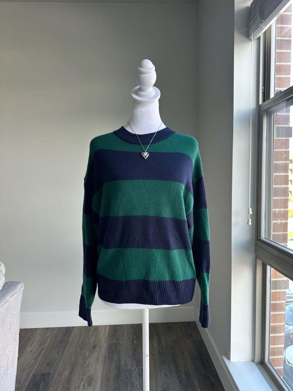 Y2K H&M Green and Navy Striped Knit Sweater Size XS